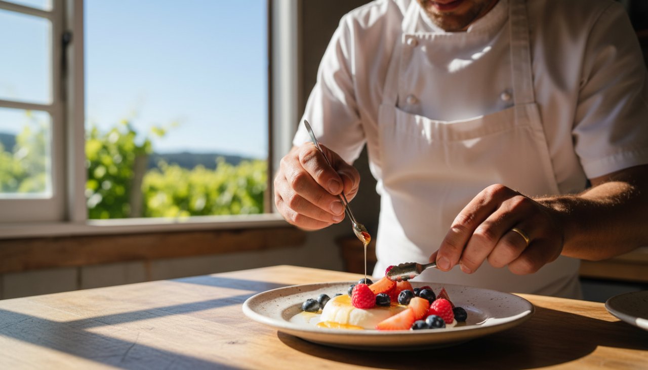 A professional food photography Wandin East artisan produce shot, showing a beautifully styled plate of fresh, locally sourced berries and a rustic tart on a wooden table, bathed in golden hour sunlight within a Wandin East orchard, evoking warmth and natural deliciousness.