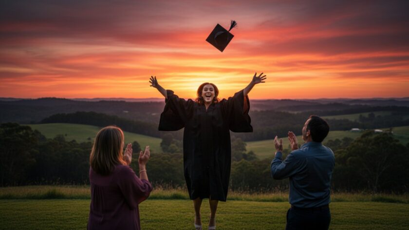 A joyous graduate in cap and gown, framed by the lush, rolling hills of Chum Creek, Victoria, receiving their diploma with a triumphant smile, an epic moment captured by Professional Graduation Photography Chum Creek Victoria.