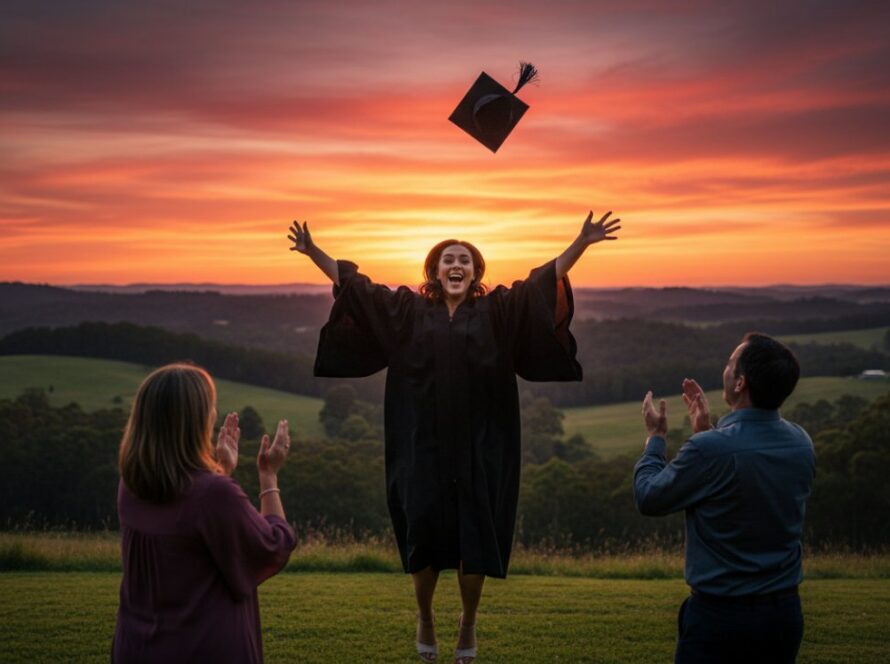 A joyous graduate in cap and gown, framed by the lush, rolling hills of Chum Creek, Victoria, receiving their diploma with a triumphant smile, an epic moment captured by Professional Graduation Photography Chum Creek Victoria.