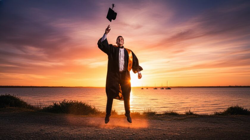 A joyous university graduate, captured with professional graduation photography Crib Point style, tossing their cap high against a dramatic sunset backdrop at Crib Point Marina, celebrating an epic milestone.