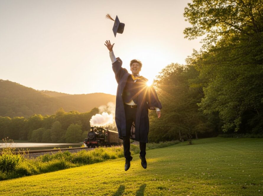 An epic, celebratory wide-angle shot of a proud graduate in their cap and gown, framed against the stunning natural backdrop of Emerald Lake Park with the historic Puffing Billy steam train subtly passing in the distance, capturing professional graduation photography Emerald Victoria.
