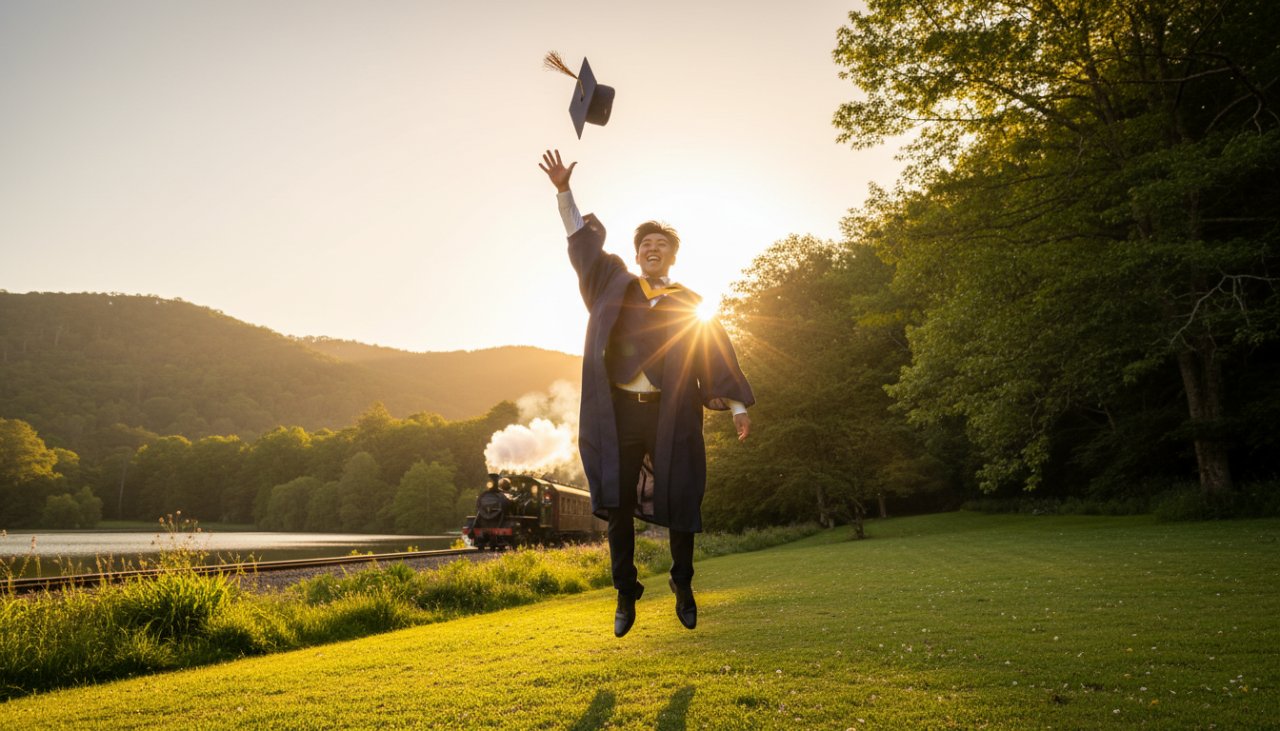 An epic, celebratory wide-angle shot of a proud graduate in their cap and gown, framed against the stunning natural backdrop of Emerald Lake Park with the historic Puffing Billy steam train subtly passing in the distance, capturing professional graduation photography Emerald Victoria.
