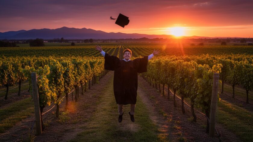 A jubilant graduate in their cap and gown, framed by the rolling vineyards and distant Dandenong Ranges of Seville East, Victoria, throwing their cap into the golden hour sky, perfectly embodying professional graduation portraits Seville East Victoria.