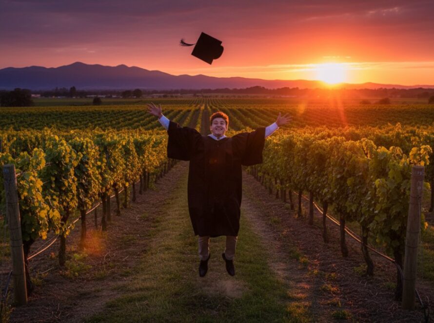 A jubilant graduate in their cap and gown, framed by the rolling vineyards and distant Dandenong Ranges of Seville East, Victoria, throwing their cap into the golden hour sky, perfectly embodying professional graduation portraits Seville East Victoria.