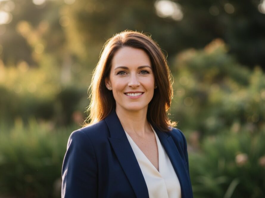 A confident female executive, with a warm, genuine smile, captured in a dynamic professional headshot in Bittern, Victoria. The natural light highlights her determined expression against a slightly blurred, verdant backdrop of a local park, embodying the spirit of professional headshots Bittern Victoria for business branding.