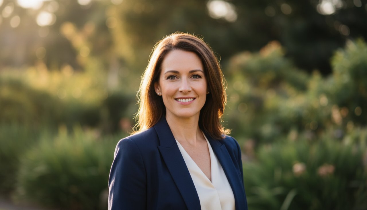 A confident female executive, with a warm, genuine smile, captured in a dynamic professional headshot in Bittern, Victoria. The natural light highlights her determined expression against a slightly blurred, verdant backdrop of a local park, embodying the spirit of professional headshots Bittern Victoria for business branding.