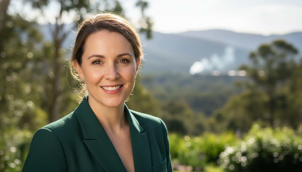A captivating professional headshot of a confident woman in Clematis, Victoria, smiling genuinely with the lush Dandenong Ranges as a softly blurred backdrop, showcasing authentic career portraits.