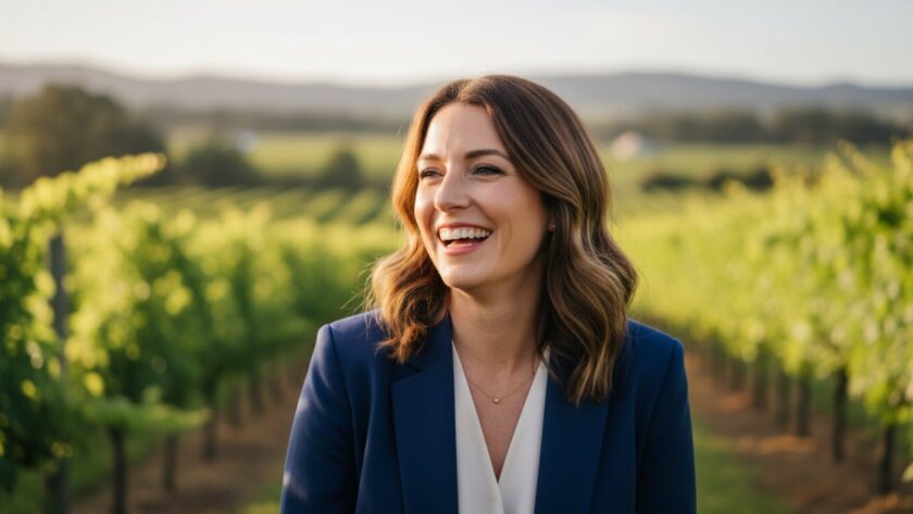A confident male professional, dressed in a sharp blazer, stands with a genuine smile amidst the vibrant, sun-dappled greenery of a Healesville vineyard, capturing professional headshots Healesville stunning Yarra Valley portraits in a warm, natural light, reflecting success and approachability.