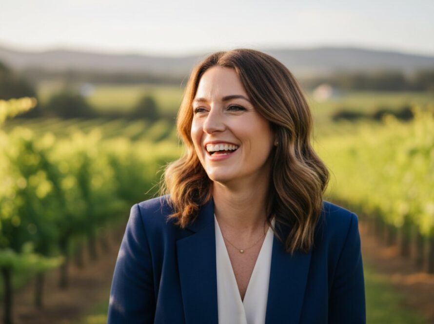 A confident male professional, dressed in a sharp blazer, stands with a genuine smile amidst the vibrant, sun-dappled greenery of a Healesville vineyard, capturing professional headshots Healesville stunning Yarra Valley portraits in a warm, natural light, reflecting success and approachability.