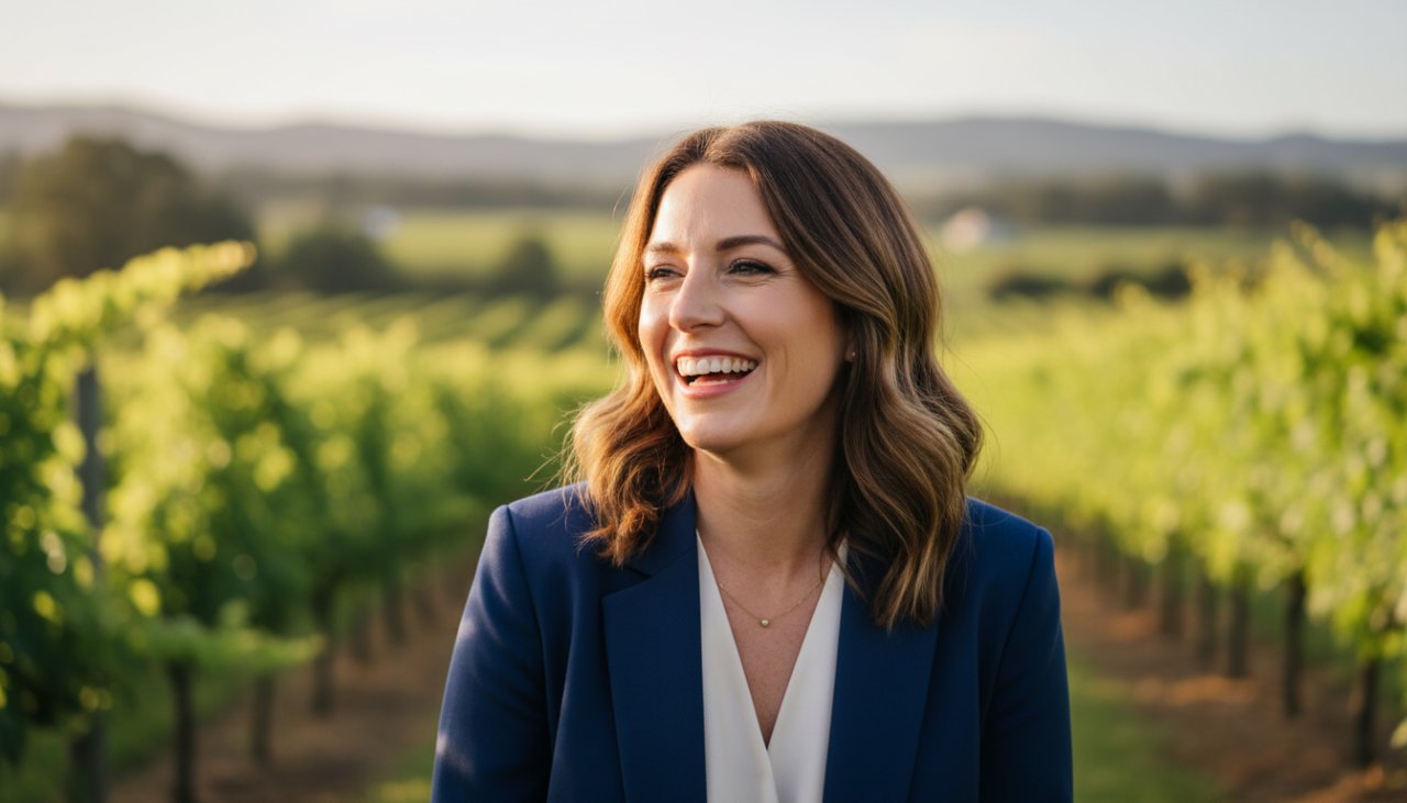 A confident male professional, dressed in a sharp blazer, stands with a genuine smile amidst the vibrant, sun-dappled greenery of a Healesville vineyard, capturing professional headshots Healesville stunning Yarra Valley portraits in a warm, natural light, reflecting success and approachability.