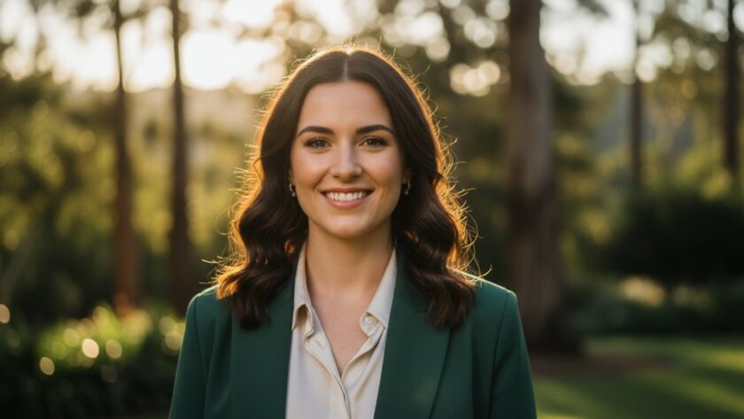 A confident professional posing for professional headshots Montrose Victoria for career growth, captured in a stunning, high-contrast 'epic moment' style with the natural beauty of Montrose's environment softly blurred in the background, showcasing determination and approachability.
