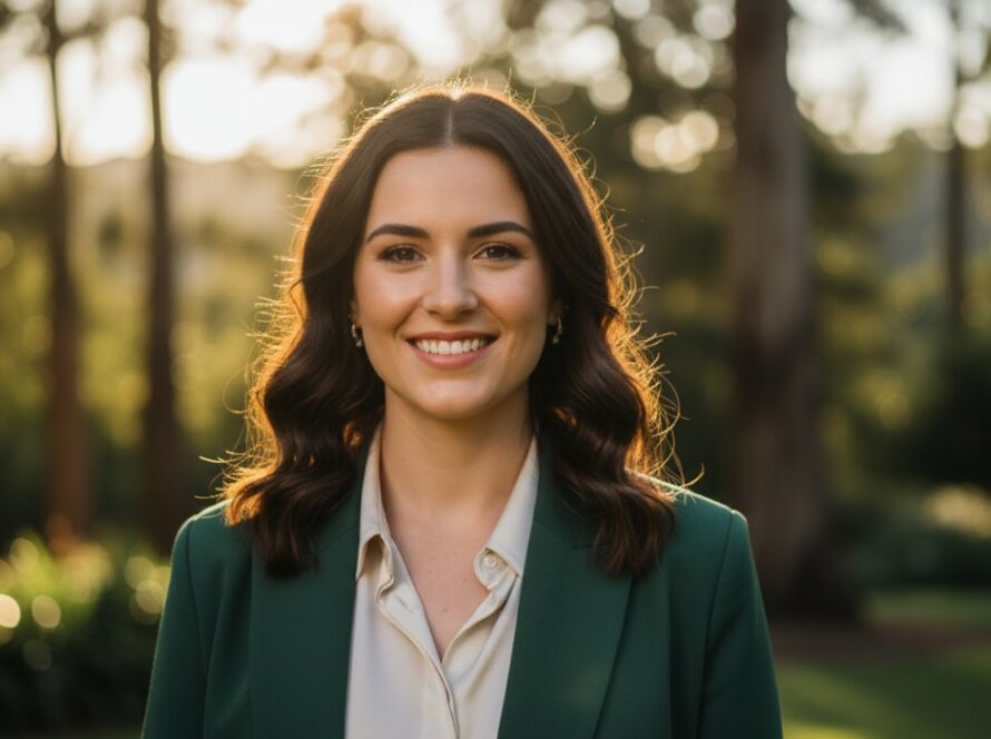 A confident professional posing for professional headshots Montrose Victoria for career growth, captured in a stunning, high-contrast 'epic moment' style with the natural beauty of Montrose's environment softly blurred in the background, showcasing determination and approachability.