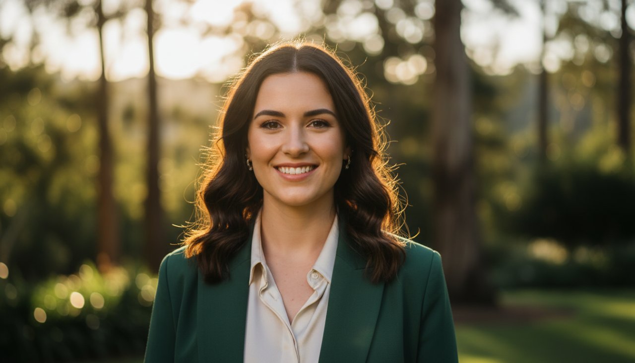 A confident professional posing for professional headshots Montrose Victoria for career growth, captured in a stunning, high-contrast 'epic moment' style with the natural beauty of Montrose's environment softly blurred in the background, showcasing determination and approachability.