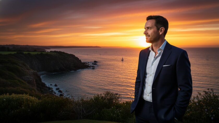 An executive man in a tailored suit, silhouetted against a stunning Mount Eliza sunset over Port Phillip Bay, confidently looking towards the horizon, a powerful moment captured for his professional headshots Mount Eliza Victoria for executive branding.