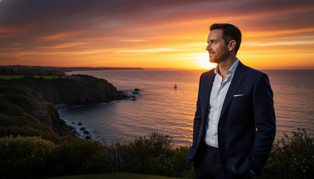 An executive man in a tailored suit, silhouetted against a stunning Mount Eliza sunset over Port Phillip Bay, confidently looking towards the horizon, a powerful moment captured for his professional headshots Mount Eliza Victoria for executive branding.