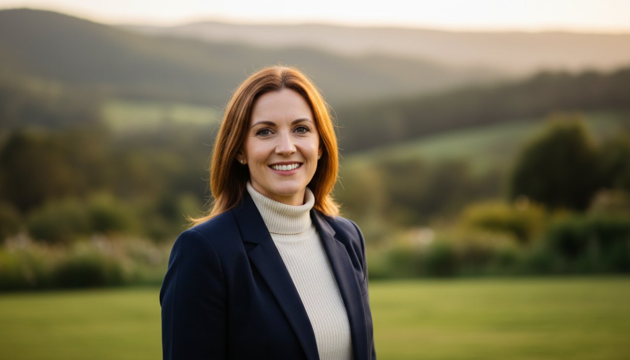 A confident local entrepreneur from The Patch smiles genuinely, bathed in soft, natural morning light, showcasing the power of professional headshots The Patch for local entrepreneurs with a lush, green Dandenongs backdrop.