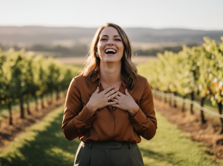 A confident professional, mid-laugh, captured in a stunning, natural light professional headshots Wandin East career boost session, with the rolling green hills of the Yarra Valley just visible in the soft background, conveying approachability and expertise.