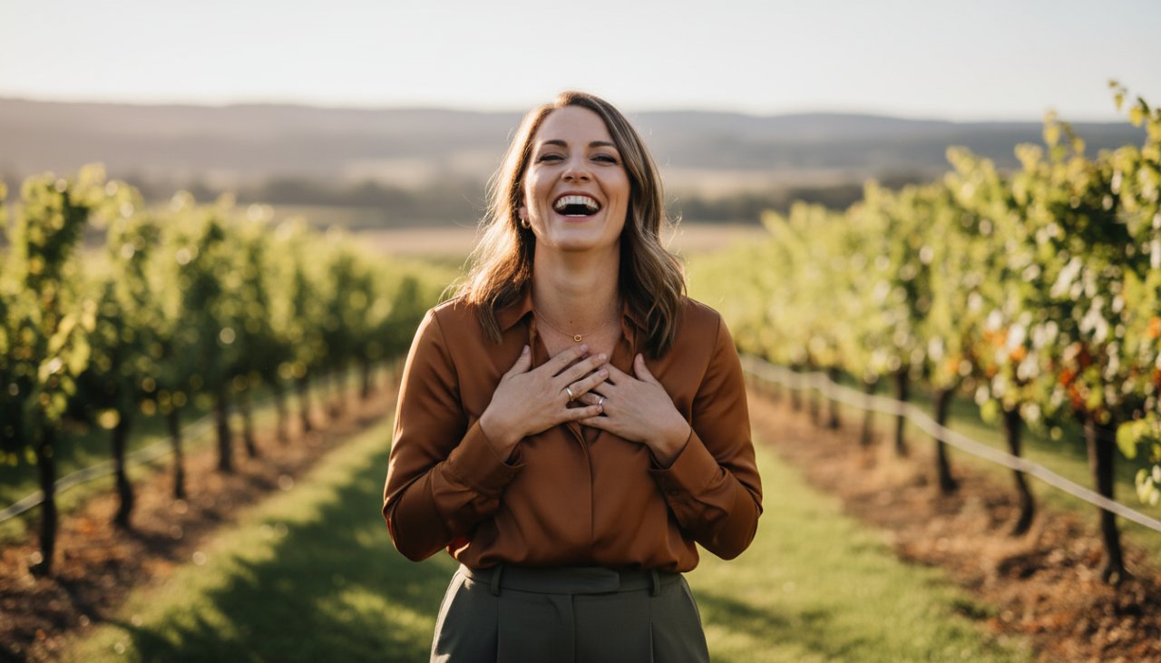 A confident professional, mid-laugh, captured in a stunning, natural light professional headshots Wandin East career boost session, with the rolling green hills of the Yarra Valley just visible in the soft background, conveying approachability and expertise.