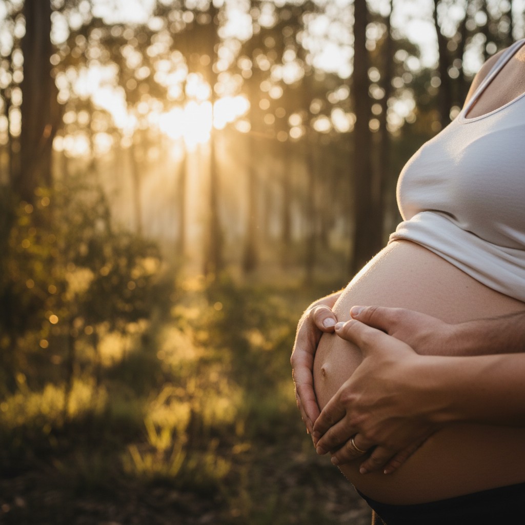 A close-up, realistic, and high-quality photograph of an expectant mother's hands gently forming a heart shape over her baby bump, with a blurred backdrop of Australian bushland at sunrise, soft dappled light filtering through eucalyptus trees. Her partner's hands are lightly placed over hers, showing connection and support. No text.