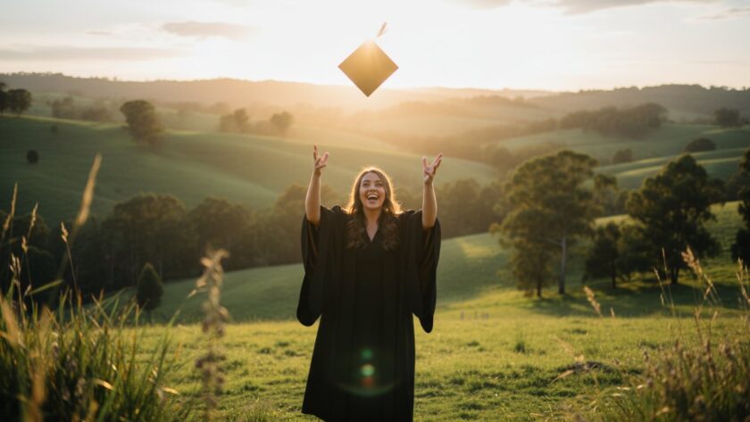 A jubilant graduate in their cap and gown, framed by the lush, natural beauty of Menzies Creek, holding their degree aloft in triumph, expertly captured by professional Menzies Creek graduation photography Victoria at sunset.