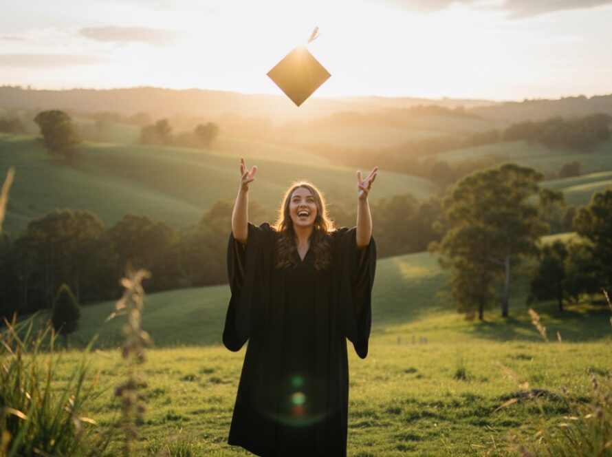 A jubilant graduate in their cap and gown, framed by the lush, natural beauty of Menzies Creek, holding their degree aloft in triumph, expertly captured by professional Menzies Creek graduation photography Victoria at sunset.