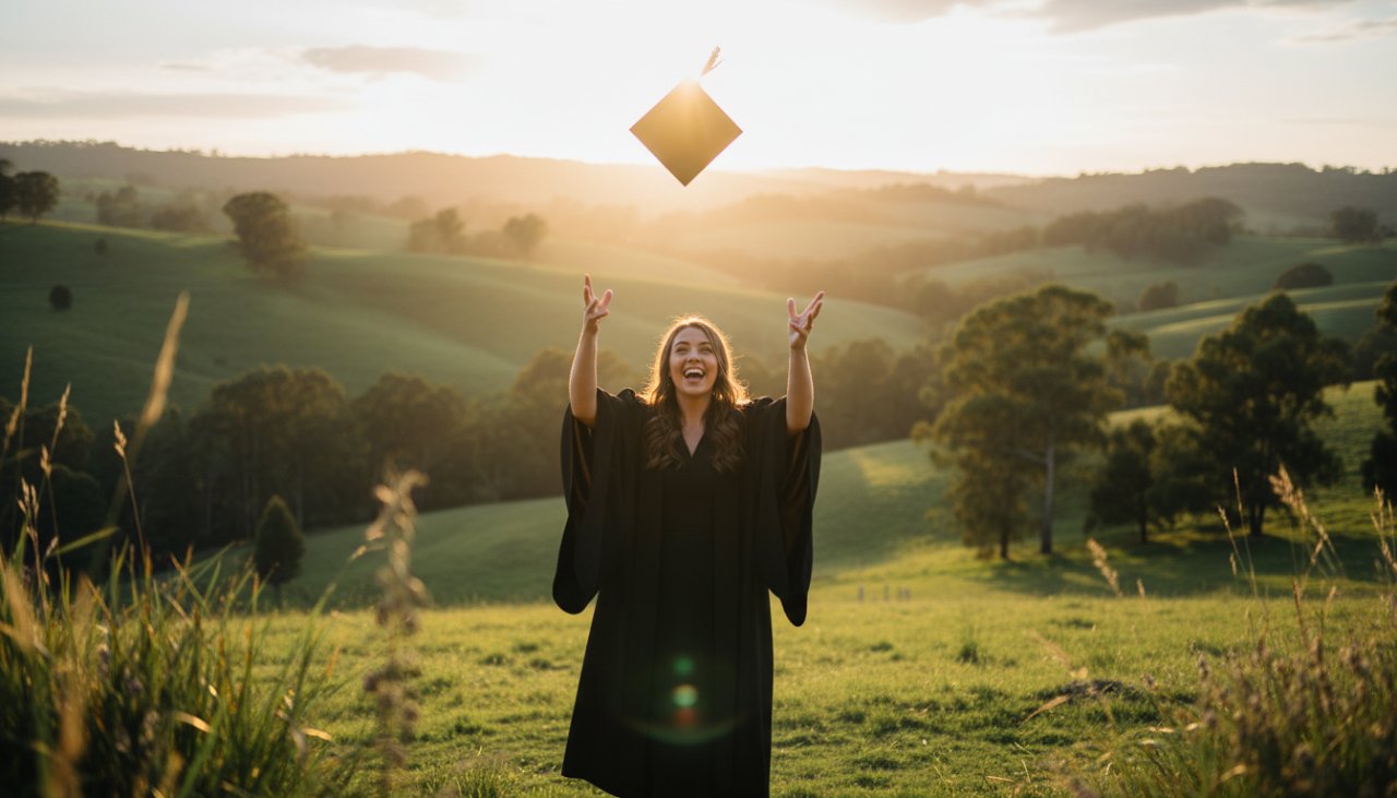 A jubilant graduate in their cap and gown, framed by the lush, natural beauty of Menzies Creek, holding their degree aloft in triumph, expertly captured by professional Menzies Creek graduation photography Victoria at sunset.