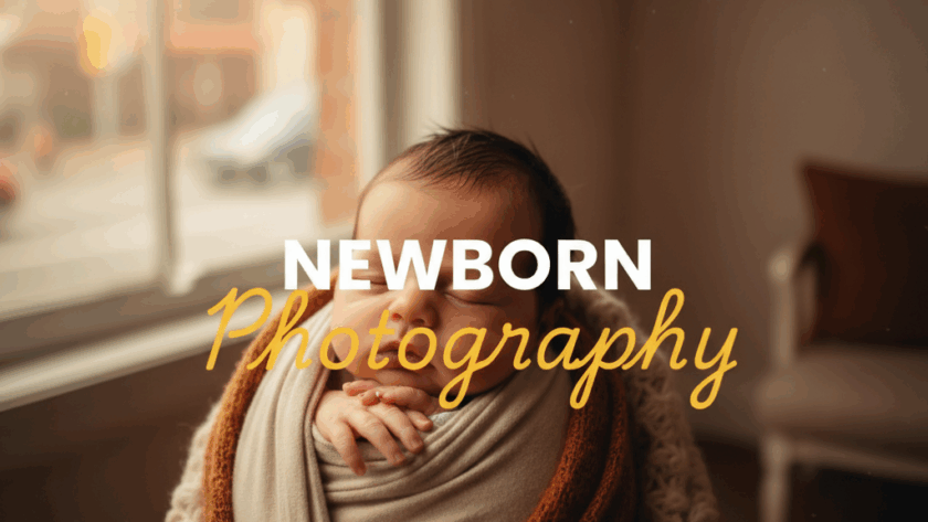 A 'Street Photography' style image, capturing a tender moment of a newborn baby swaddled gently in a soft blanket, with a blurred, warm, sun-drenched Noble Park street scene faintly visible in the background, conveying warmth and new beginnings. Text overlay reads 'NEWBORN' in bold white sans-serif and 'Photography' in elegant yellow cursive.