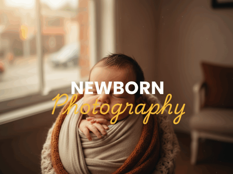 A 'Street Photography' style image, capturing a tender moment of a newborn baby swaddled gently in a soft blanket, with a blurred, warm, sun-drenched Noble Park street scene faintly visible in the background, conveying warmth and new beginnings. Text overlay reads 'NEWBORN' in bold white sans-serif and 'Photography' in elegant yellow cursive.