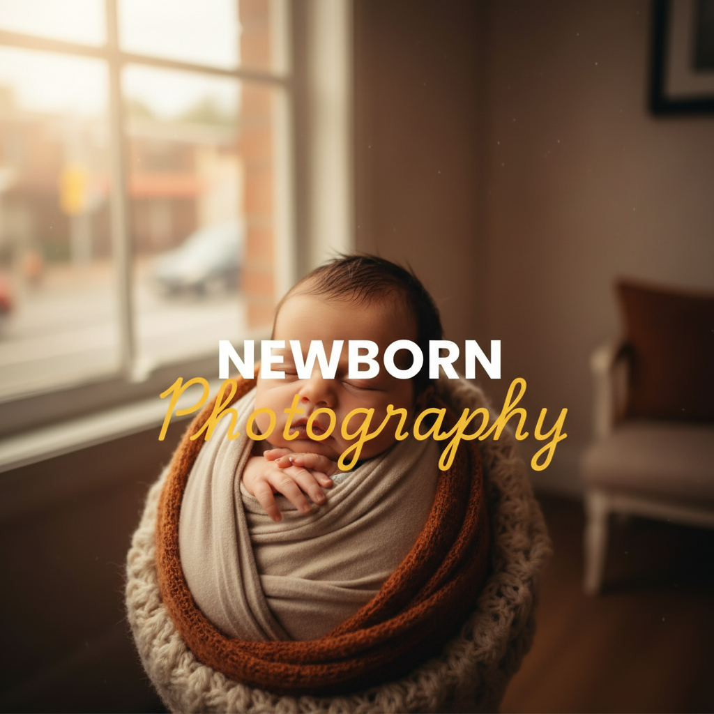 A 'Street Photography' style image, capturing a tender moment of a newborn baby swaddled gently in a soft blanket, with a blurred, warm, sun-drenched Noble Park street scene faintly visible in the background, conveying warmth and new beginnings. Text overlay reads 'NEWBORN' in bold white sans-serif and 'Photography' in elegant yellow cursive.