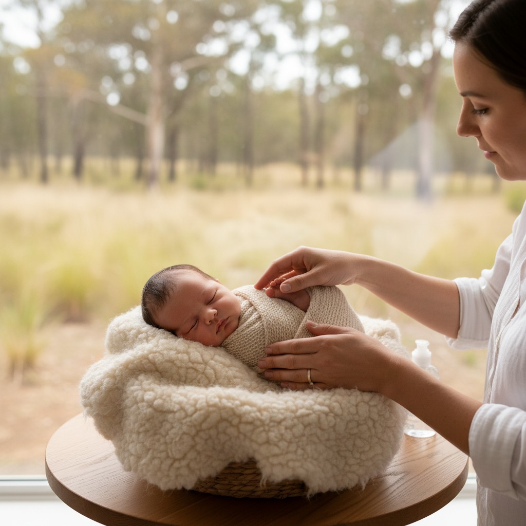 A professional newborn photographer, with clean hands, is gently guiding a baby into a safe, curled-up pose on a soft, natural wool blanket. The background subtly features blurred Australian bushland through a large window, emphasizing a natural, authentic setting. The photographer's face is partially obscured, focusing on the careful handling of the baby, showcasing safety protocols and gentle interaction.