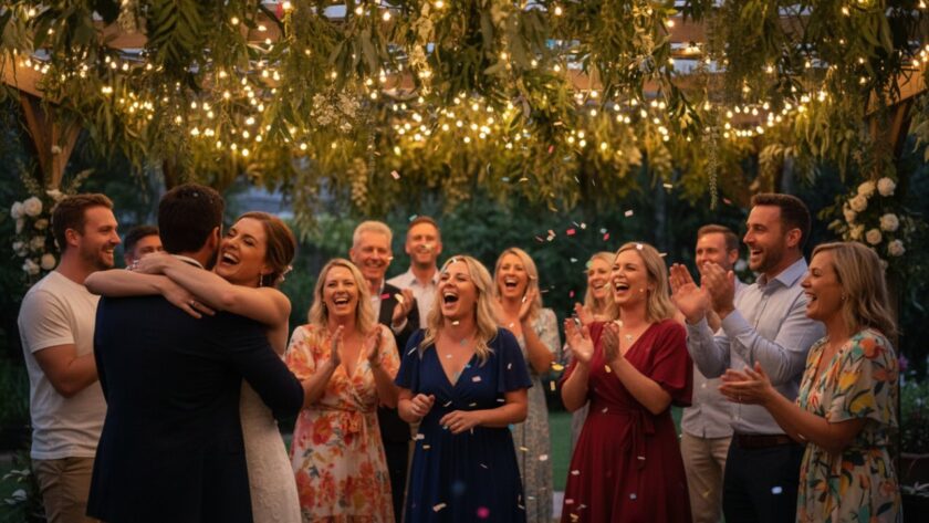 Professional party photography for Selby milestone celebrations captured: A vibrant, candid moment of friends laughing and toasting under fairy lights at a beautifully decorated outdoor party in a Selby garden at dusk, showcasing joy and connection.