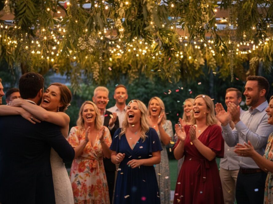 Professional party photography for Selby milestone celebrations captured: A vibrant, candid moment of friends laughing and toasting under fairy lights at a beautifully decorated outdoor party in a Selby garden at dusk, showcasing joy and connection.