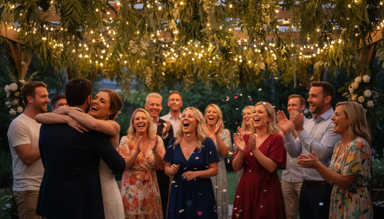 Professional party photography for Selby milestone celebrations captured: A vibrant, candid moment of friends laughing and toasting under fairy lights at a beautifully decorated outdoor party in a Selby garden at dusk, showcasing joy and connection.