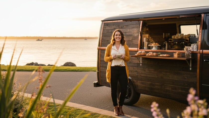 A local entrepreneur confidently posing with their artisanal product along the vibrant Hastings foreshore, bathed in golden hour light, showcasing professional personal branding photography Hastings Victoria for their thriving business.