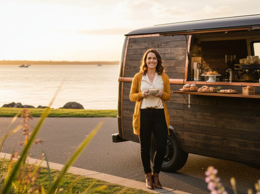 A local entrepreneur confidently posing with their artisanal product along the vibrant Hastings foreshore, bathed in golden hour light, showcasing professional personal branding photography Hastings Victoria for their thriving business.