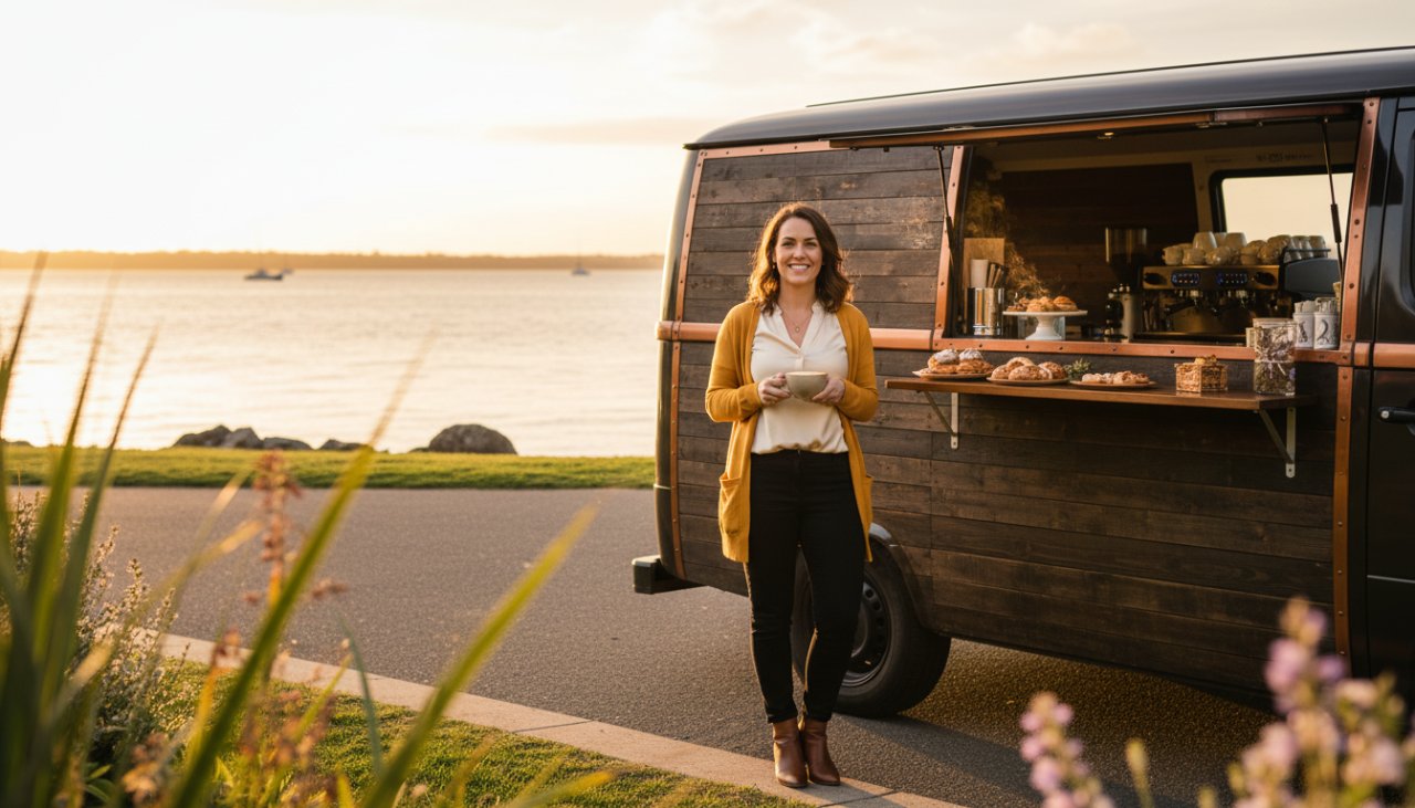 A local entrepreneur confidently posing with their artisanal product along the vibrant Hastings foreshore, bathed in golden hour light, showcasing professional personal branding photography Hastings Victoria for their thriving business.
