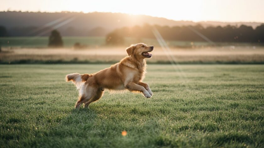 An emotionally resonant, wide-angle shot of a happy Golden Retriever mid-leap, fetching a stick in a sun-drenched, misty field in Tremont, Dandenong Ranges, capturing the essence of professional pet photography Tremont capturing furry family joy.