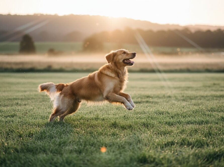 An emotionally resonant, wide-angle shot of a happy Golden Retriever mid-leap, fetching a stick in a sun-drenched, misty field in Tremont, Dandenong Ranges, capturing the essence of professional pet photography Tremont capturing furry family joy.