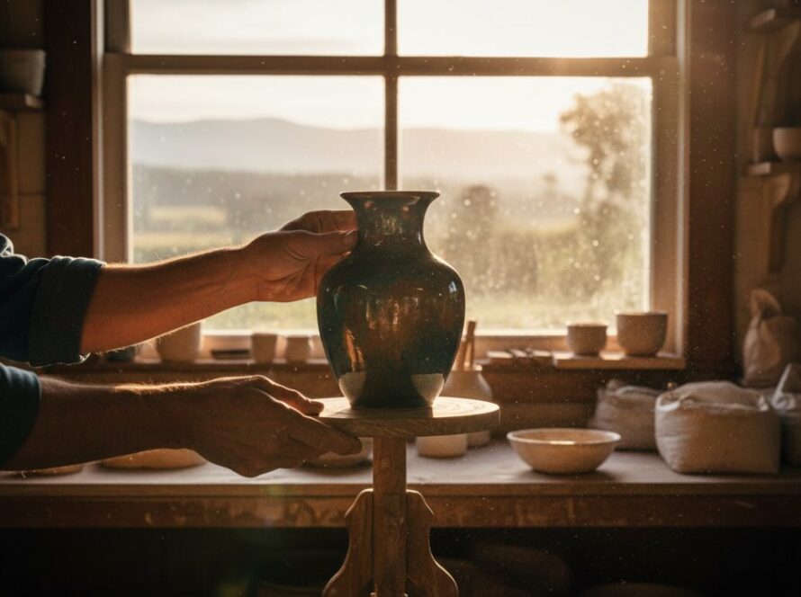 An epic, cinematic close-up shot of a beautifully handcrafted ceramic vase, reflecting the soft, natural light filtering through gum leaves in a rustic Avonsleigh artisan workshop, showcasing the meticulous detail achievable with professional product photography Avonsleigh Victoria for local craft.