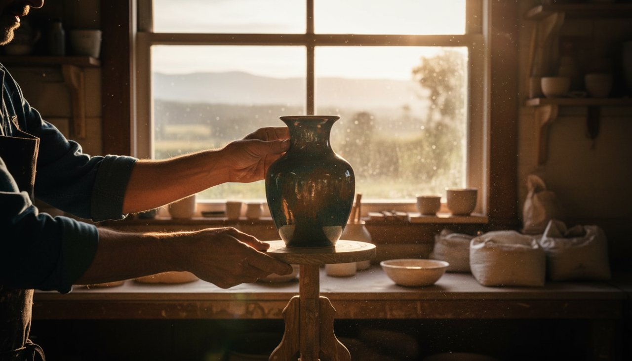 An epic, cinematic close-up shot of a beautifully handcrafted ceramic vase, reflecting the soft, natural light filtering through gum leaves in a rustic Avonsleigh artisan workshop, showcasing the meticulous detail achievable with professional product photography Avonsleigh Victoria for local craft.