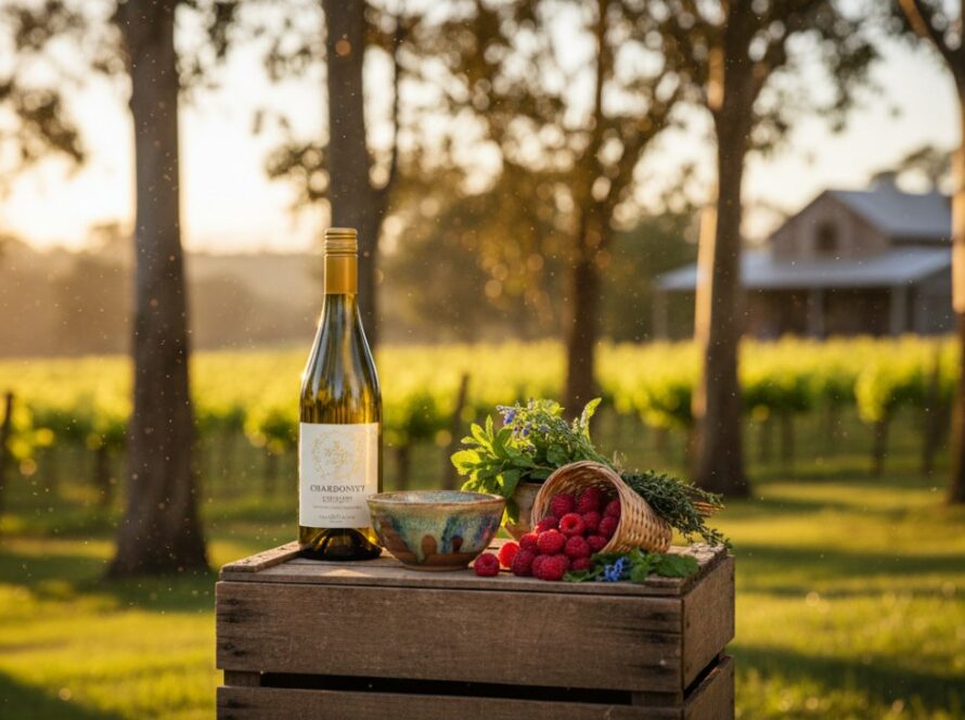 An epic moment: Beautifully illuminated local artisan products from Seville, Victoria, arranged artfully with 'professional product photography Seville for artisan businesses' in mind, capturing intricate details in golden hour light, set against a blurred vineyard backdrop, conveying craftsmanship and regional pride.