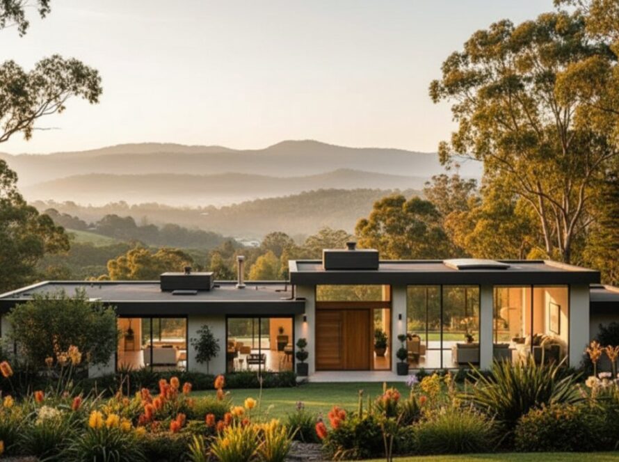 A panoramic, twilight shot of a grand family home in Emerald, Victoria, showcasing its beautifully lit interior and manicured gardens, with the Dandenong Ranges just visible in the soft evening light, perfectly captured by Professional Real Estate Photography Emerald Victoria.