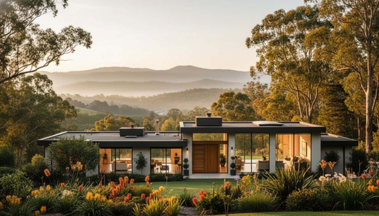 A panoramic, twilight shot of a grand family home in Emerald, Victoria, showcasing its beautifully lit interior and manicured gardens, with the Dandenong Ranges just visible in the soft evening light, perfectly captured by Professional Real Estate Photography Emerald Victoria.