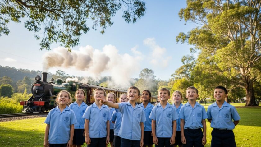 Professional school photography Emerald Victoria heartfelt moments captured: A joyous group of primary school students, their faces beaming with genuine laughter, surrounded by the vibrant, leafy landscape of Emerald, Victoria, showcasing a perfect school day.