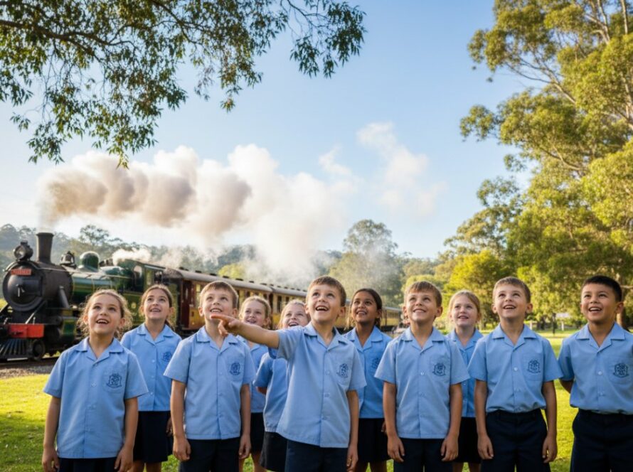 Professional school photography Emerald Victoria heartfelt moments captured: A joyous group of primary school students, their faces beaming with genuine laughter, surrounded by the vibrant, leafy landscape of Emerald, Victoria, showcasing a perfect school day.