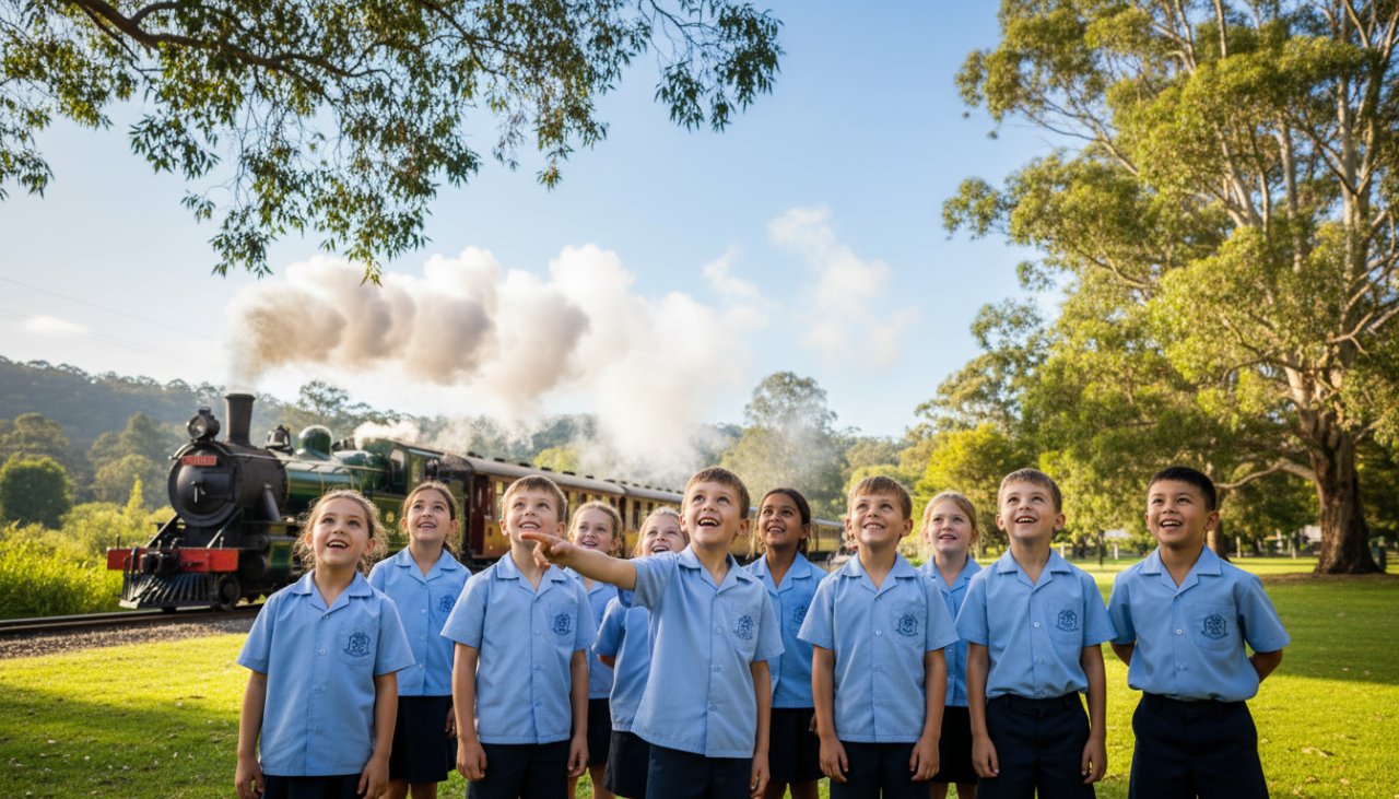 Professional school photography Emerald Victoria heartfelt moments captured: A joyous group of primary school students, their faces beaming with genuine laughter, surrounded by the vibrant, leafy landscape of Emerald, Victoria, showcasing a perfect school day.