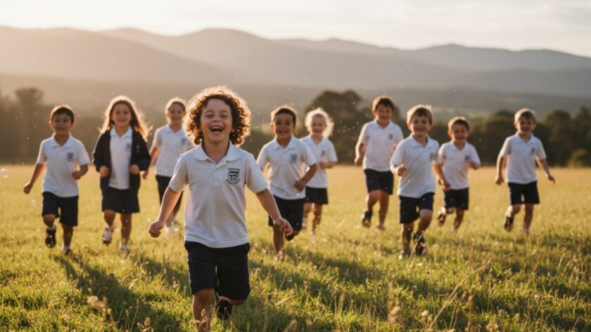An epic moment captured during professional school photography in Tremont, Victoria, showing a group of diverse primary school children laughing joyfully in a sun-dappled outdoor setting, with the Dandenong Ranges faintly visible in the background, embodying authentic, candid school portraits.