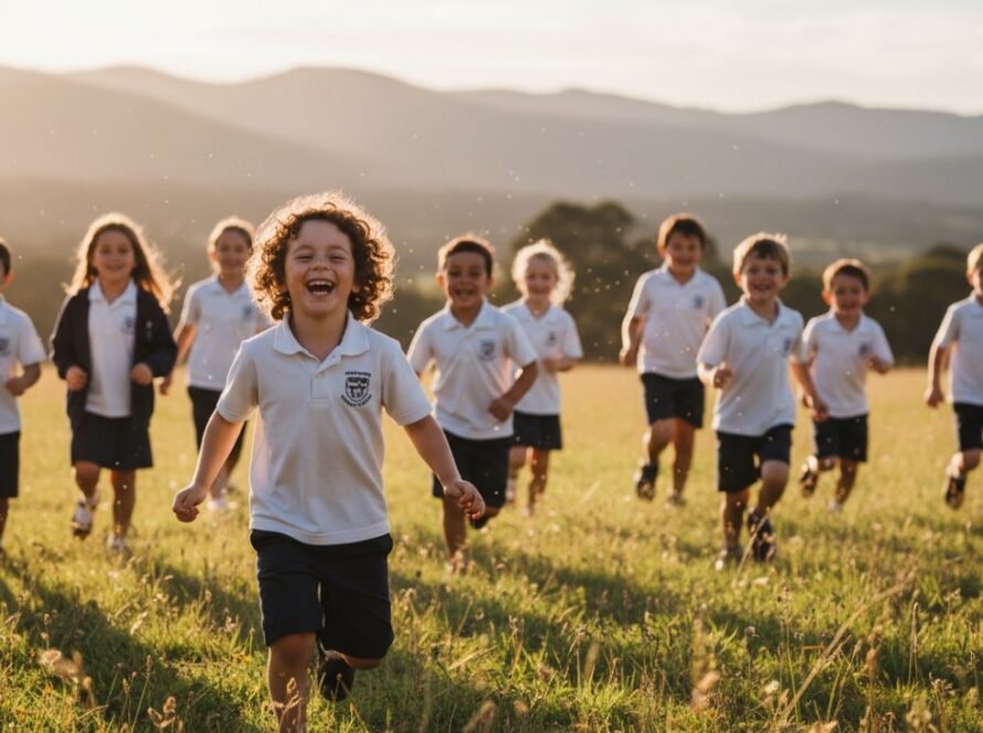 An epic moment captured during professional school photography in Tremont, Victoria, showing a group of diverse primary school children laughing joyfully in a sun-dappled outdoor setting, with the Dandenong Ranges faintly visible in the background, embodying authentic, candid school portraits.