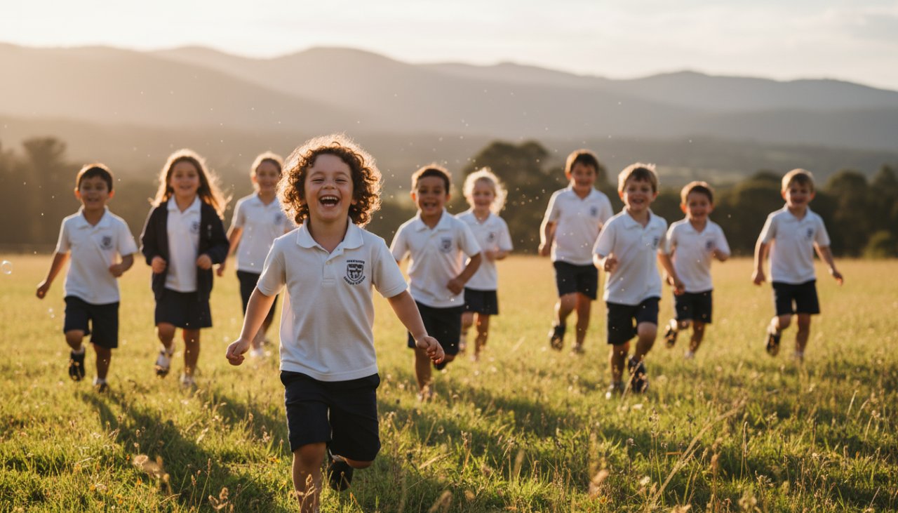An epic moment captured during professional school photography in Tremont, Victoria, showing a group of diverse primary school children laughing joyfully in a sun-dappled outdoor setting, with the Dandenong Ranges faintly visible in the background, embodying authentic, candid school portraits.