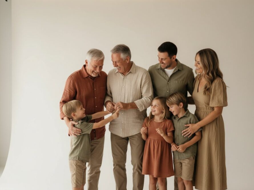A heartwarming, cinematic image of a multigenerational family laughing together in a brightly lit, modern studio, capturing an authentic, joyous 'epic moment' during their professional studio family portraits Somerville session. The grandmother embraces a grandchild, while parents smile warmly, all bathed in soft, natural-looking light.